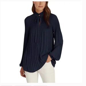 Ralph Lauren Navy Accordion Pleated Georgette Tie Neck Blouse SZ M